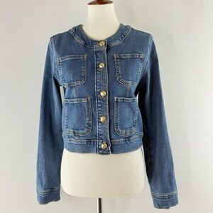 Anthropologie MAEVE Blue Denim Pocket Jacket with Gold Buttons